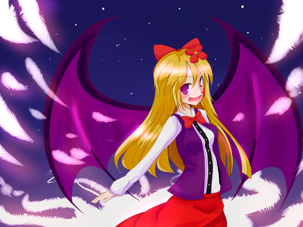 blonde_hair, bow, elis_(touhou), facial_mark, flower, hair_bow, hair_flower, hair_ornament, long_hair, night, night_sky, purple_eyes, sky, solo, star, star_(sky), starry_sky, touhou, touhou_(pc-98), uniyon, violet_eyes, wings