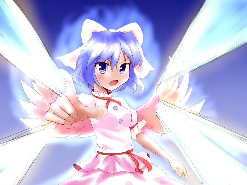 aura, beam, blue_eyes, blue_hair, bow, foreshortening, hair_bow, highres, mai_(touhou), pointing, ribbon, short_hair, solo, touhou, touhou_(pc-98), uniyon, wings