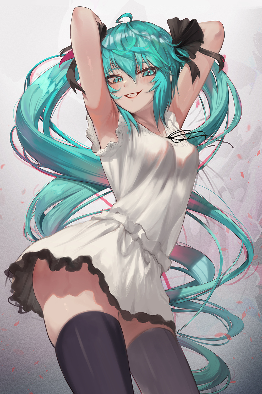 1girl, ahoge, armpits, arms_behind_head, arms_up, bangs, black_legwear, black_ribbon, blue_eyes, blue_hair, breasts, commentary_request, cowboy_shot, dancing, dress, eyebrows_visible_through_hair, eyes_visible_through_hair, grin, hair_between_eyes, hair_ribbon, hatsune_miku, highres, long_hair, looking_at_viewer, me!me!me!, me!me!me!_dance_(meme), medium_breasts, meme, revision, ribbon, sleeveless, sleeveless_dress, smile, solo, standing, supreme_(module), thigh-highs, torriet, twintails, very_long_hair, vocaloid, white_dress, world_is_mine_(vocaloid)