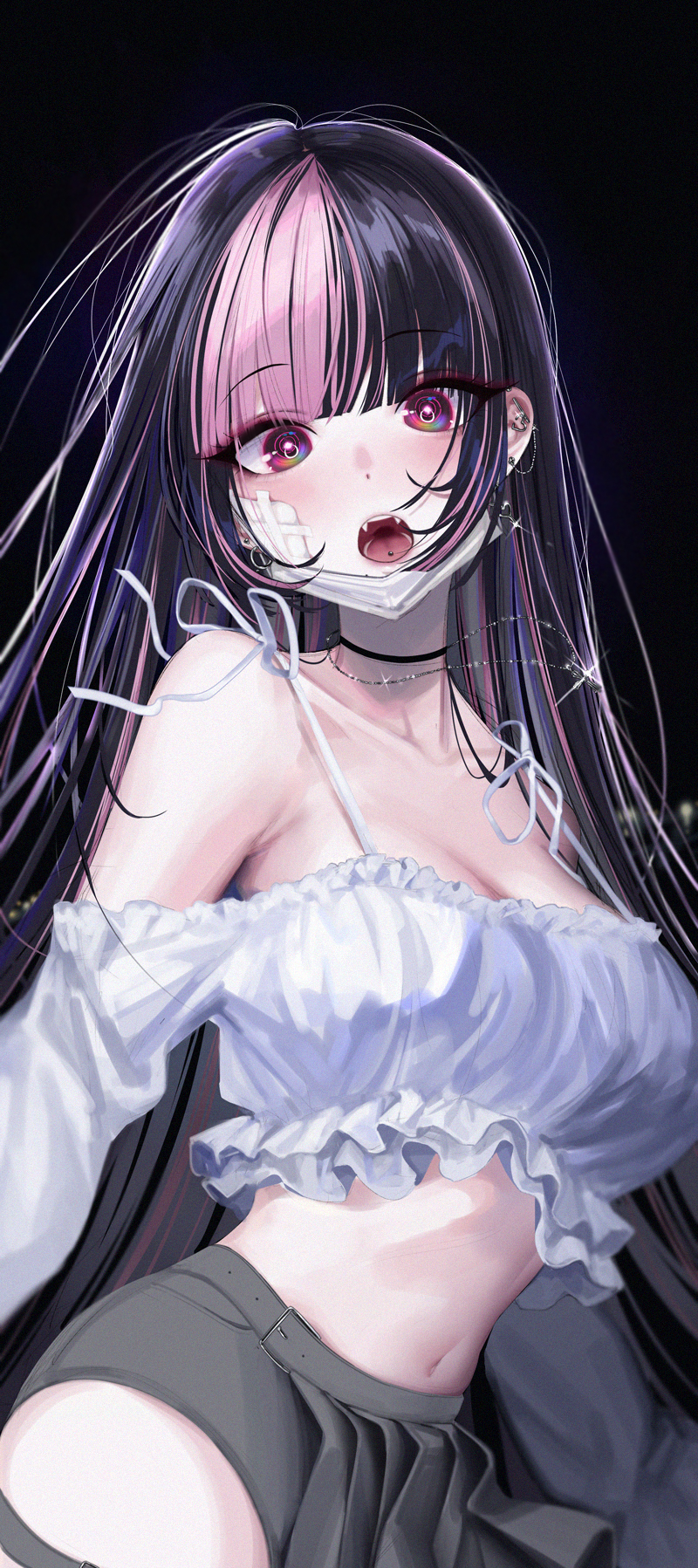 1girl, bandaid, bandaid_on_face, bangs, barbell_piercing, bare_shoulders, belt, black_belt