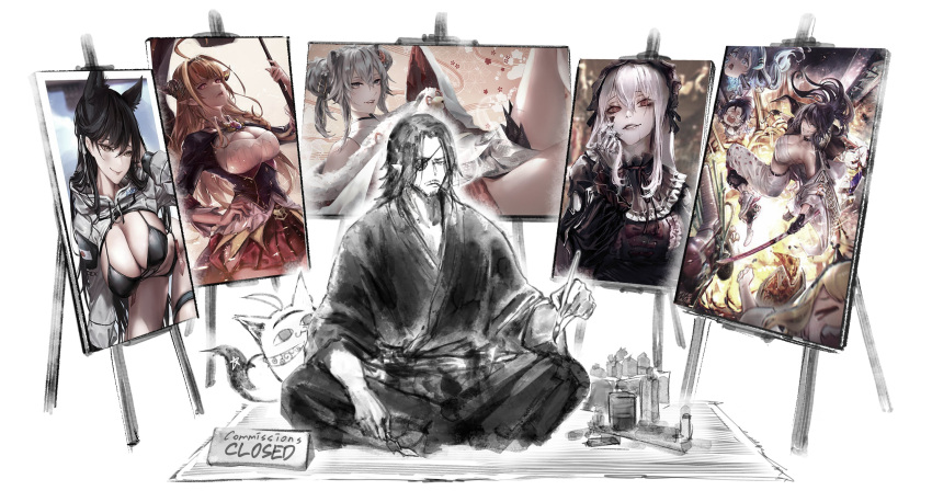 1boy, :3, amano_pikamee, animal_ear_fluff, annotated, atago_(azur_lane), atago_(stunning_speedster)_(azur_lane), azur_lane, eyepatch, facial_hair, fox, gundam, hairband, highres, holding, holding_paintbrush, hololive, hyde_(hyde_(tabakko)), hyde_(tabakko), indie_virtual_youtuber, japanese_clothes, jowol, kimono, kiryu_coco, kson, miteiru_(shirakami_fubuki), mustache, one_eye_covered, original, paintbrush, pants, prism_project, rikudou_yura, shishiro_botan, sitting, solo, souchou, turn_a_gundam, turn_a_gundam_(mobile_suit), virtual_youtuber, voms