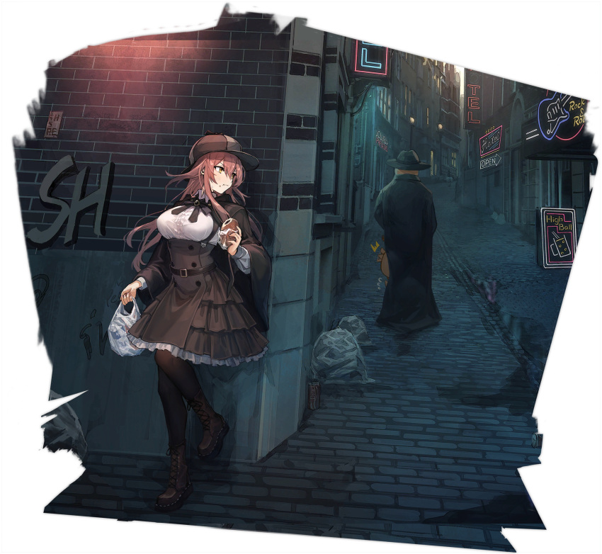 alley, anpan, azur_lane, bag, belt, black_dress, black_legwear, boots