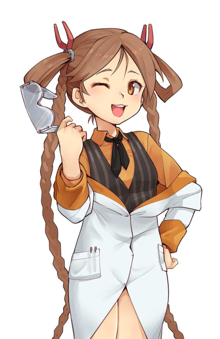 1girl, :3, ;3, ajidot, blush, braid, brown_eyes, brown_hair