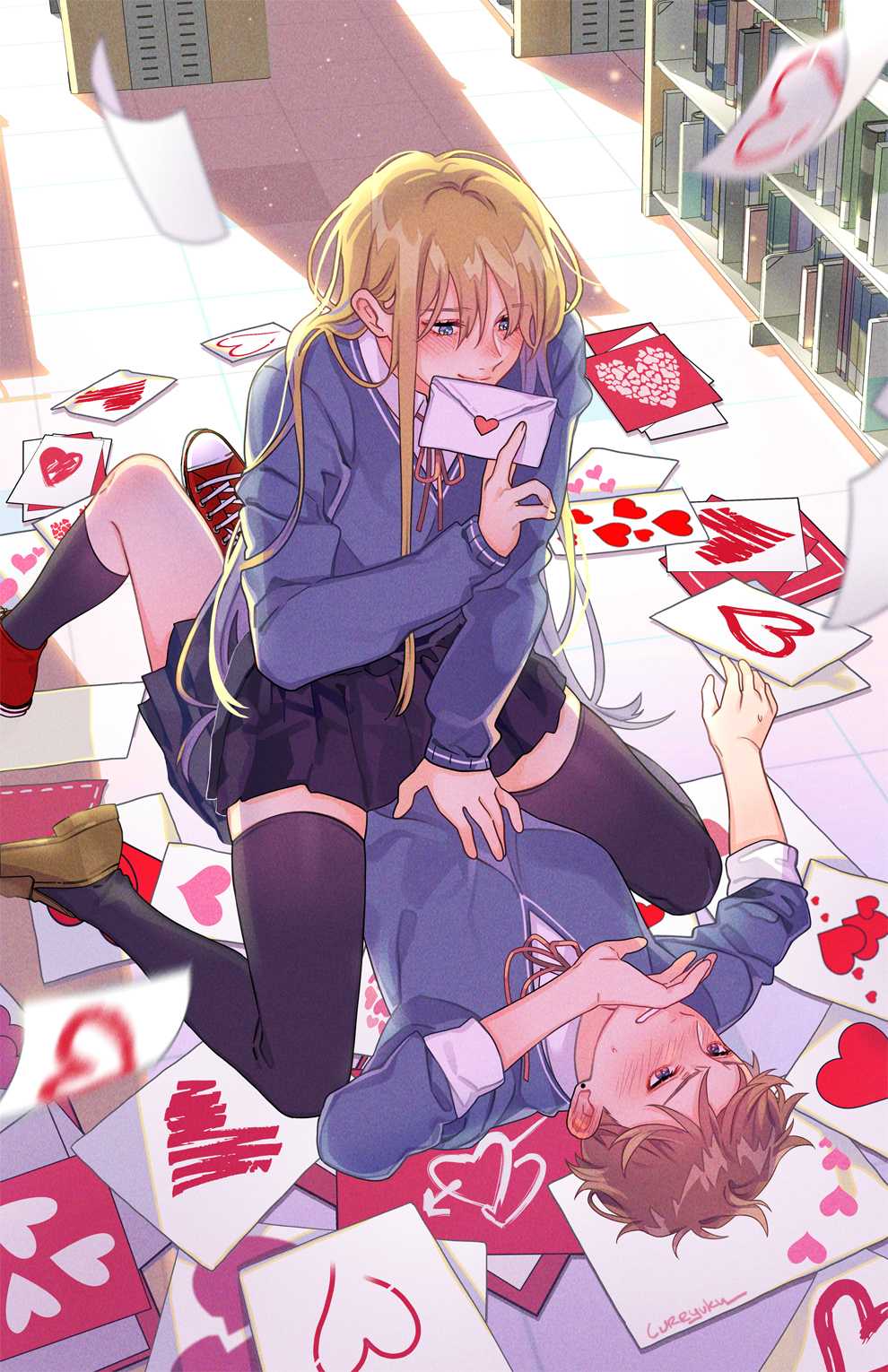 2girls, artist_name, assertive_female, blonde_hair, blue_eyes, blush, brown_hair, commentary