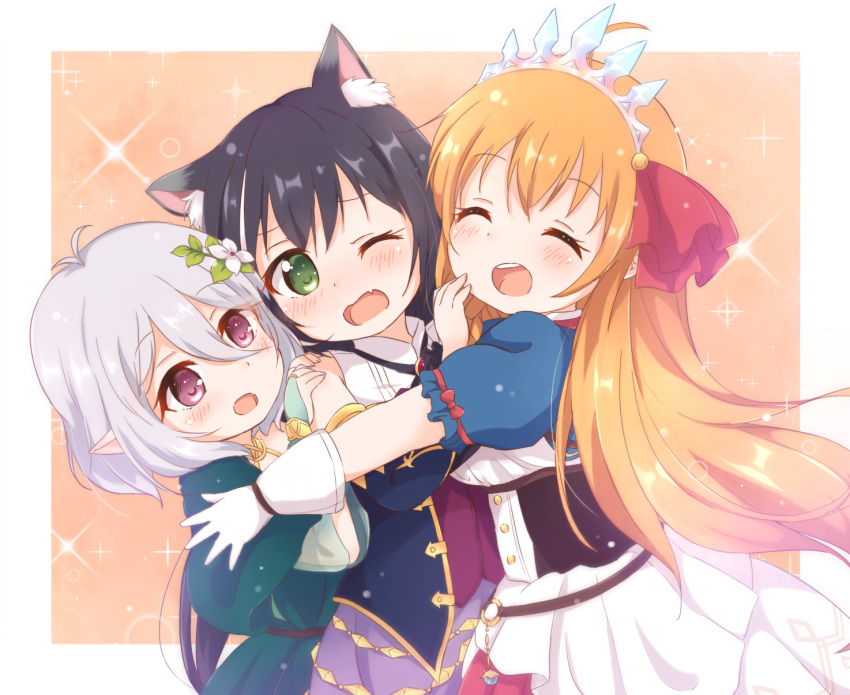3girls, :d, animal_ear_fluff, animal_ears, antenna_hair, araki495, bangs, black_hair