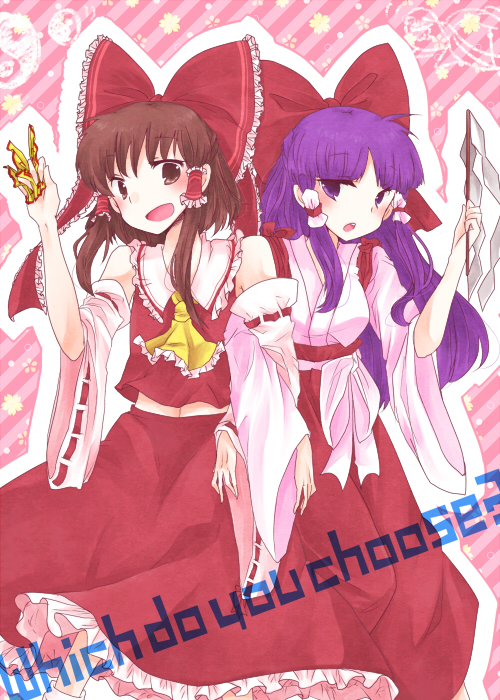 ascot, bow, brown_eyes, brown_hair, detached_sleeves, dual_persona, english, gohei, hair_bow, hair_tubes, hakurei_reimu, hakurei_reimu_(pc-98), japanese_clothes, long_hair, mizuki_(flowerlanguage), navel, purple_eyes, purple_hair, time_paradox, touhou, touhou_(pc-98), violet_eyes