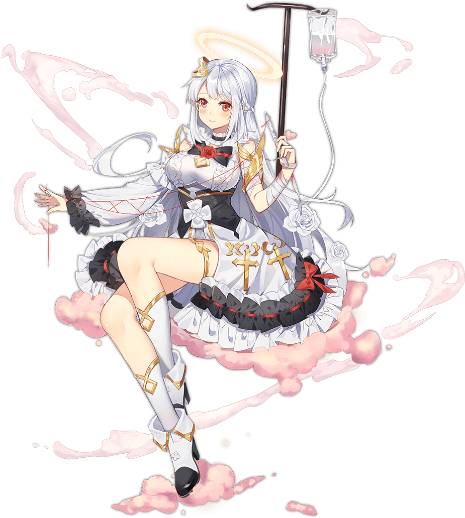 1girl, angel, ark_order, artist_request, bandaged_arm, bandages, bangs, black_bow, blood, blood_bag, boots, bow, braid, breasts, clouds, cross, detached_sleeves, dress, flower, frilled_dress, frills, full_body, hair_flower, hair_ornament, halo, intravenous_drip, large_breasts, long_hair, official_art, pincers_(tool), raphael_(ark_order), red_flower, red_rose, rose, sidelocks, single_sleeve, sitting, smoke, socks, solo, string, string_of_fate, surgical_scissors, syringe, tachi-e, thighlet, transparent_background, very_long_hair, white_dress, white_flower, white_footwear, white_hair, white_legwear, white_rose