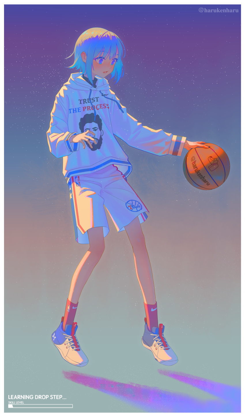 1other, absurdres, bangs, basketball, blue_eyes, blue_hair, casual, commentary_request