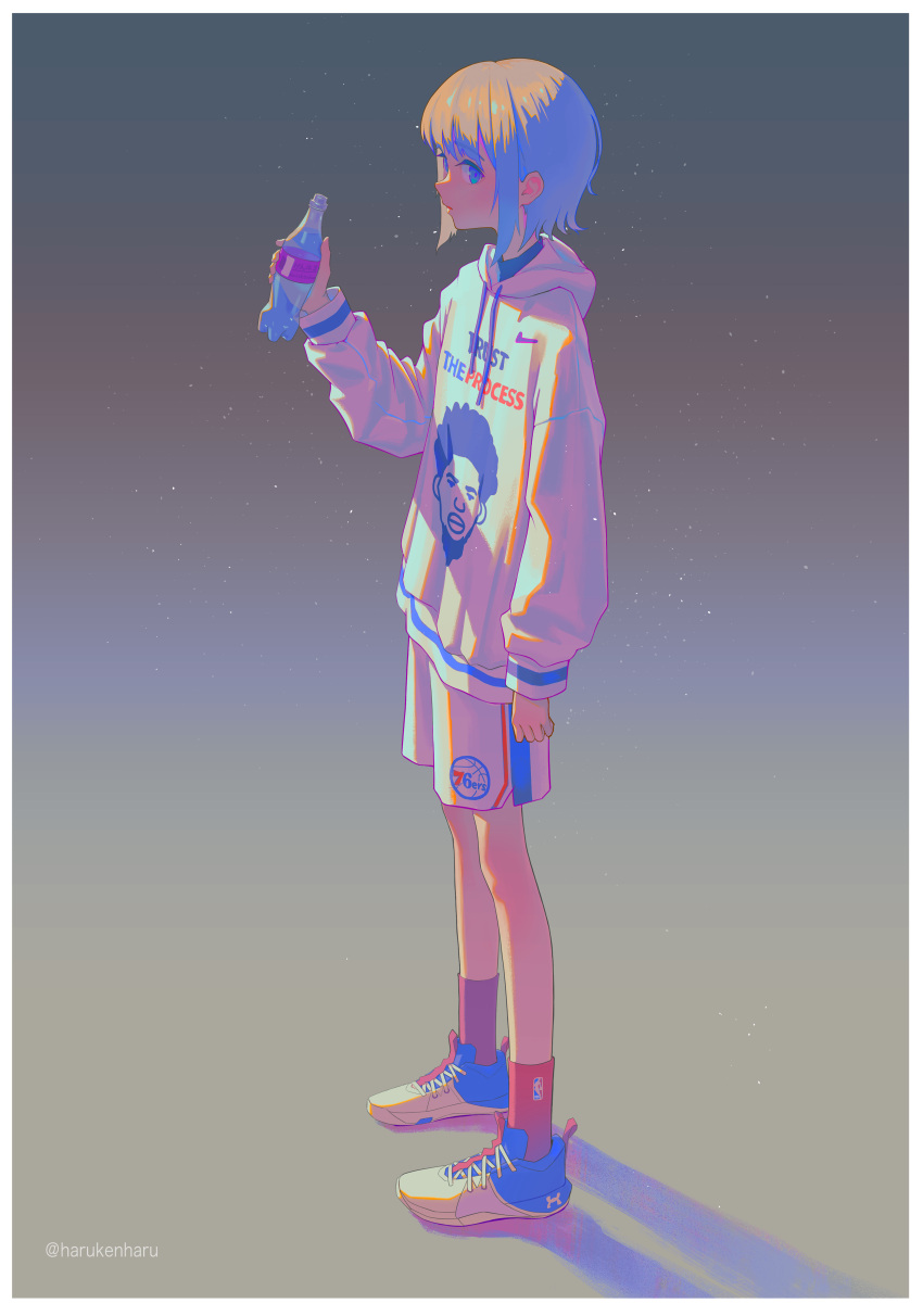1other, absurdres, ambiguous_gender, blue_eyes, bottle, clothes_writing, commentary_request, drawstring, full_body, highres, holding, holding_bottle, hood, hood_down, hoodie, joel_embiid, long_sleeves, looking_at_viewer, national_basketball_association, original, parted_lips, philadelphia_76ers, red_legwear, shoes, short_hair, shorts, shunken_he, sneakers, socks, solo, standing, white_footwear, white_hoodie, white_shorts