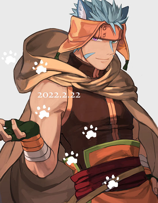 1boy, animal_ears, animal_hands, bandages, belt, blue_hair, cape, cat_boy