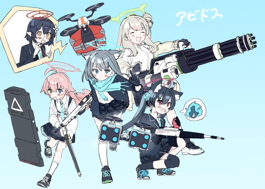 5girls, absurdres, ahoge, animal_ear_fluff, animal_ears, assault_rifle, ayane_(blue_archive), bangs
