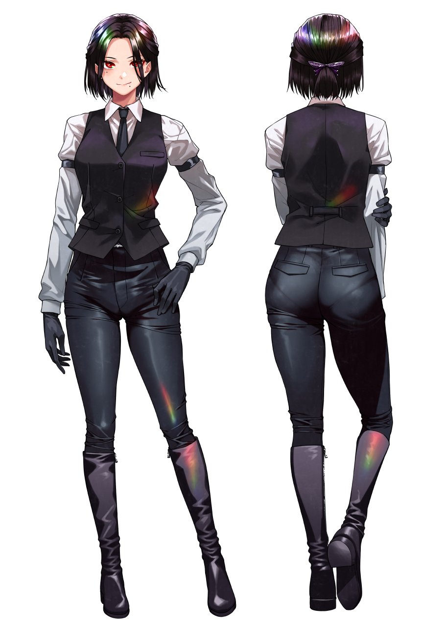 1girl, ass, back, bangs, black_footwear, black_gloves, black_hair, black_necktie
