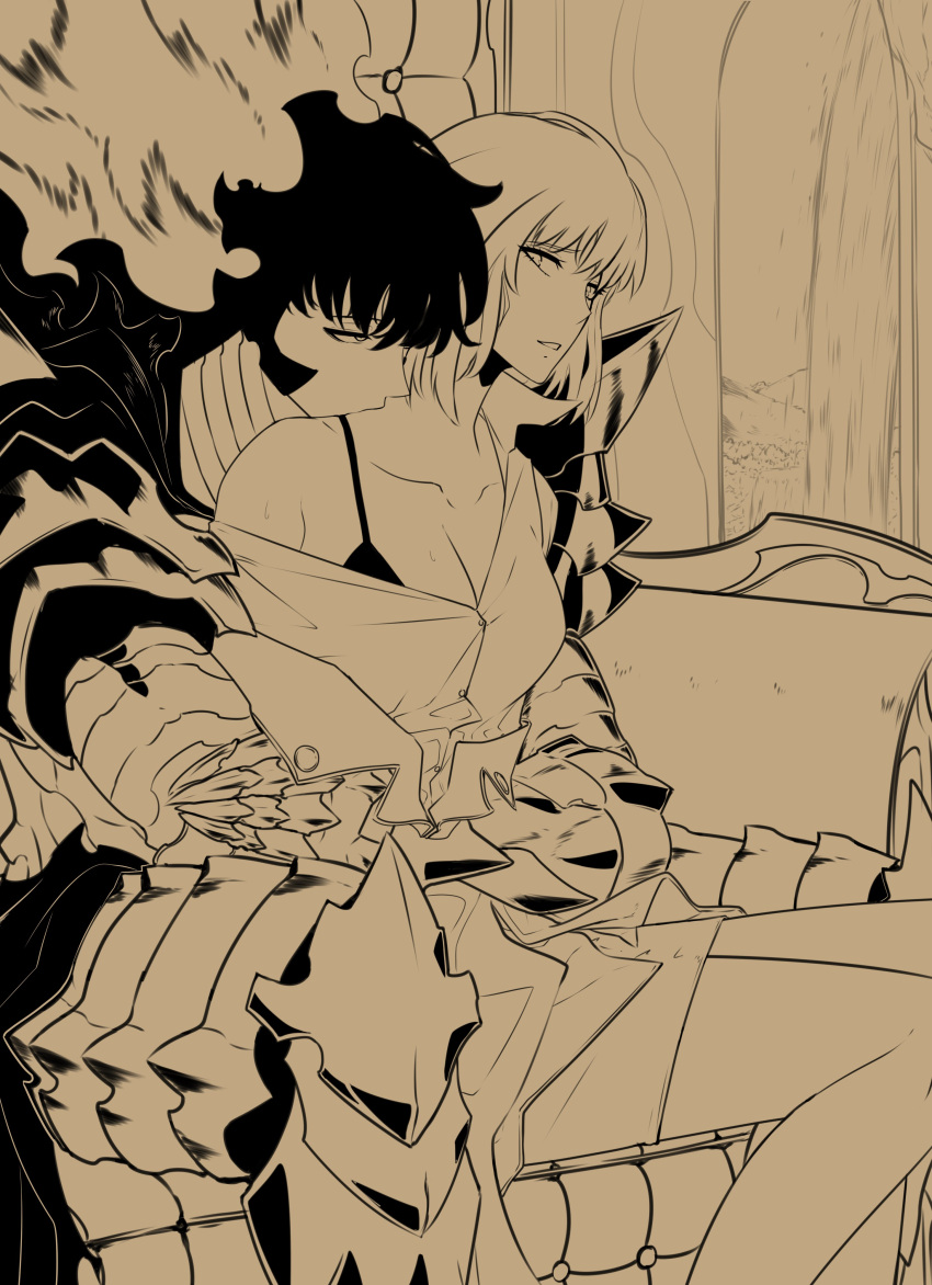 1boy, 1girl, absurdres, armor, black_hair, cha_hae-in, exkillo, eyebrows_visible_through_hair, hetero, highres, hug, hug_from_behind, kissing_shoulder, looking_at_another, open_clothes, open_shirt, short_hair, sitting, sitting_on_lap, sitting_on_person, skirt, solo_leveling, sung_jin-woo, sweat, throne