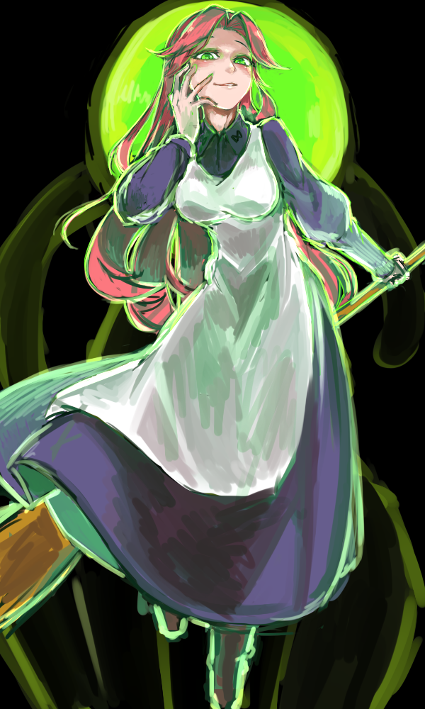 1girl, breasts, dress, end_roll, green_eyes, hand_on_own_cheek, hand_on_own_face, kumauwo, large_breasts, long_hair, looking_at_viewer, looking_down, mireille_nif, pale_skin, pink_hair, smile