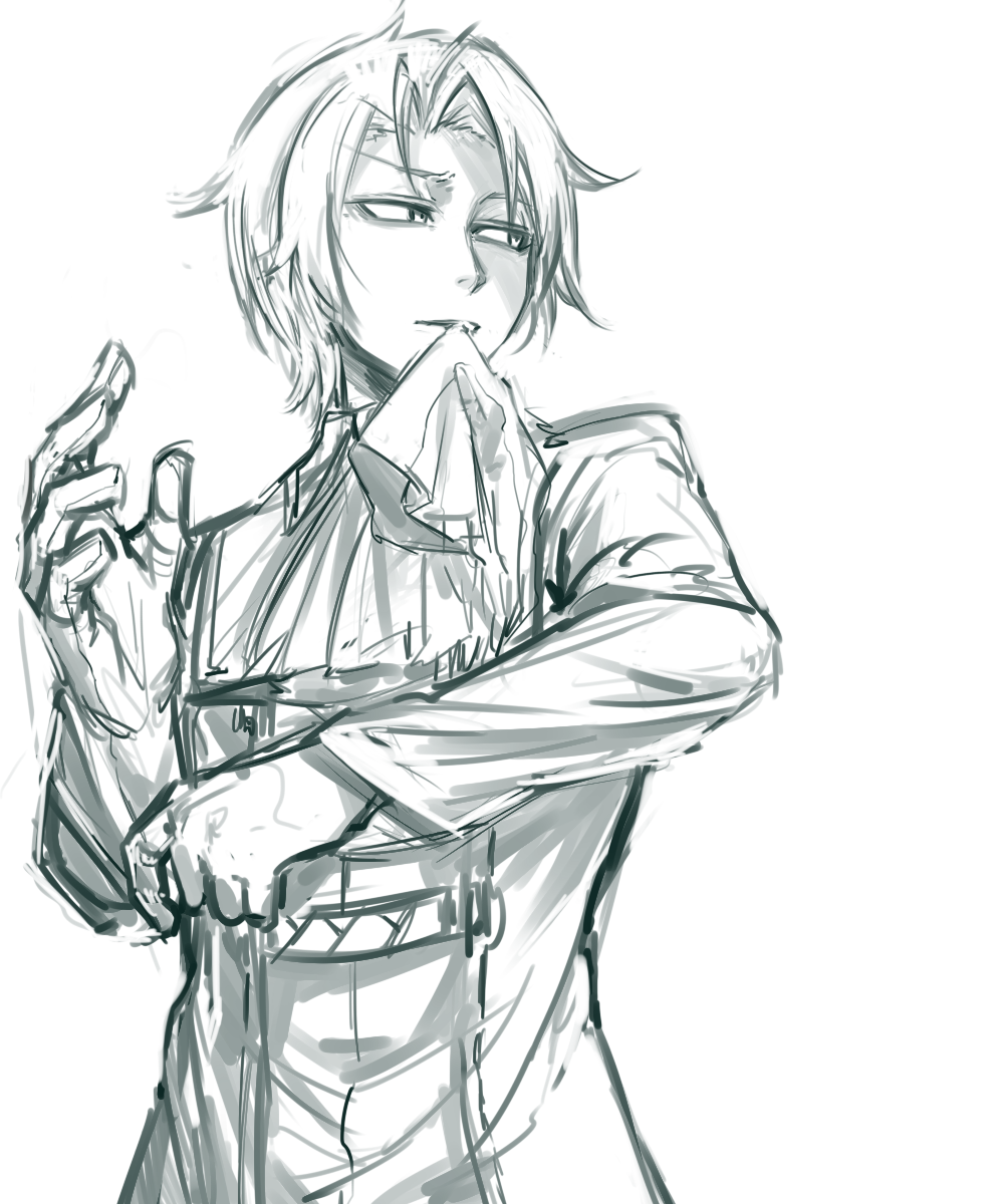 1boy, biting, biting_clothes, end_roll, glaring, gloves, highres, kumauwo, long_sleeves, looking_to_the_side, monochrome, short_hair, sketch, walter_(end_roll), white_background