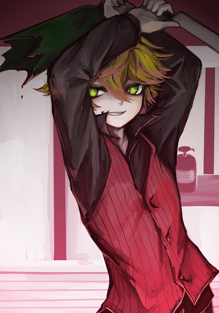 1boy, beer_bottle, blonde_hair, bottle, broken_bottle, broken_glass, end_roll, glass, green_eyes, holding, holding_bottle, informant_(end_roll), kumauwo, long_sleeves, looking_at_viewer, multicolored_background, pale_skin, smirk