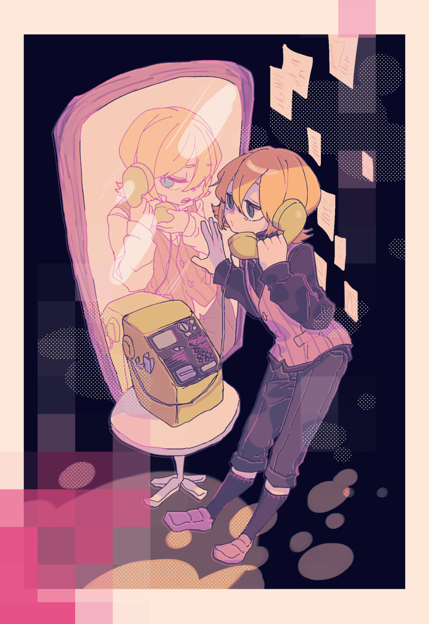 2boys, blonde_hair, blue_eyes, end_roll, grey_eyes, highres, holding, holding_phone