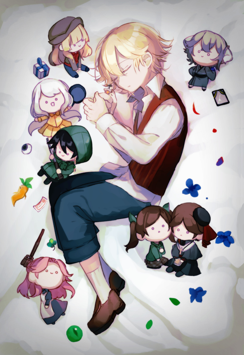 3girls, 5boys, blonde_hair, box, chibi, closed_eyes, cody_toscarina, dogma_toscarina