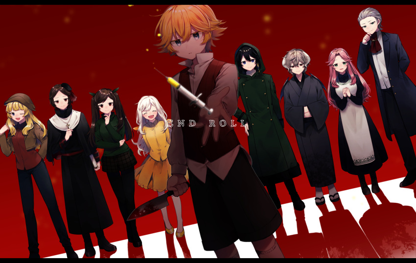 4girls, 5boys, black_hair, blonde_hair, blue_eyes, blush, brown_eyes, brown_hair