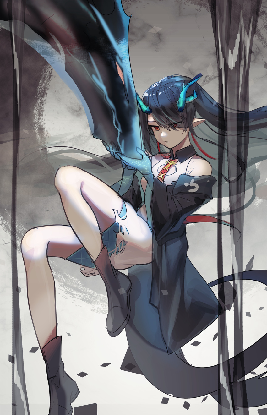 1girl, arknights, black_collar, black_footwear, black_hair, black_jacket, boots, china_dress