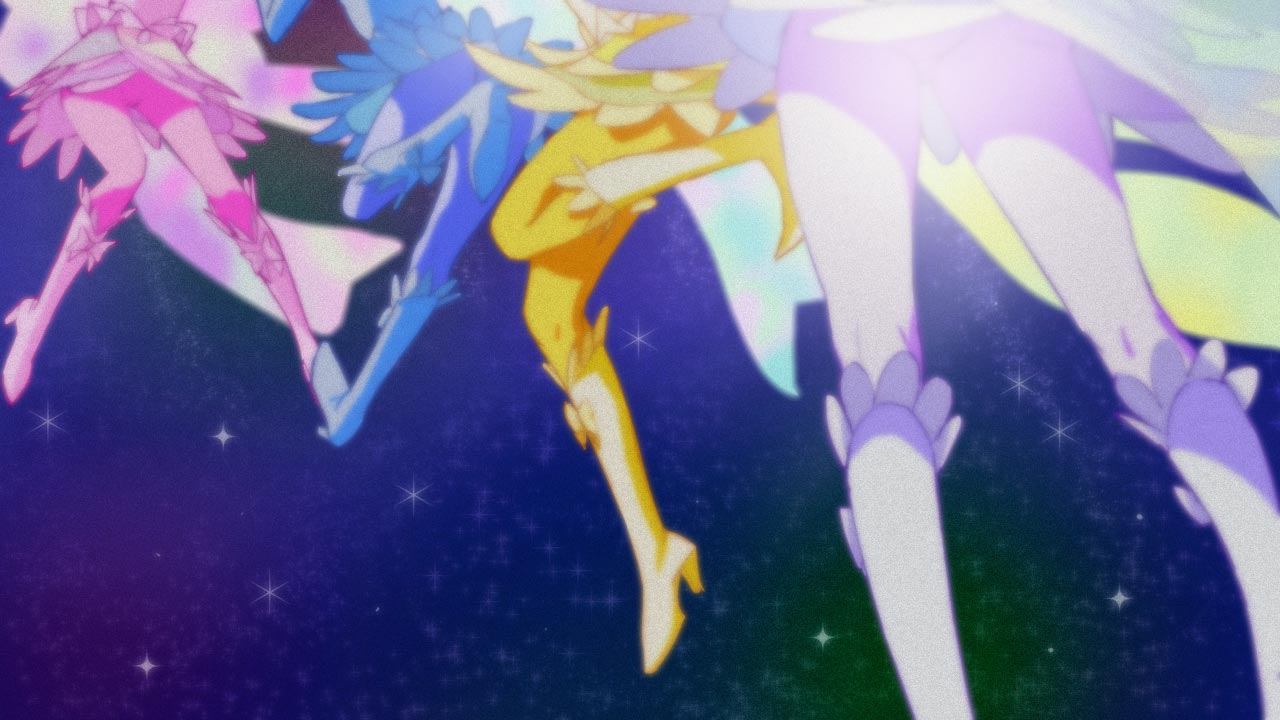 4girls, cure_fortune, cure_fortune_(innocent_form), cure_honey, cure_honey_(innocent_form), cure_lovely, cure_lovely_(innocent_form), cure_princess, cure_princess_(innocent_form), happinesscharge_precure!, haruyama_kazunori, legs, magical_girl, multiple_girls, precure, skirt, space, star_(sky)
