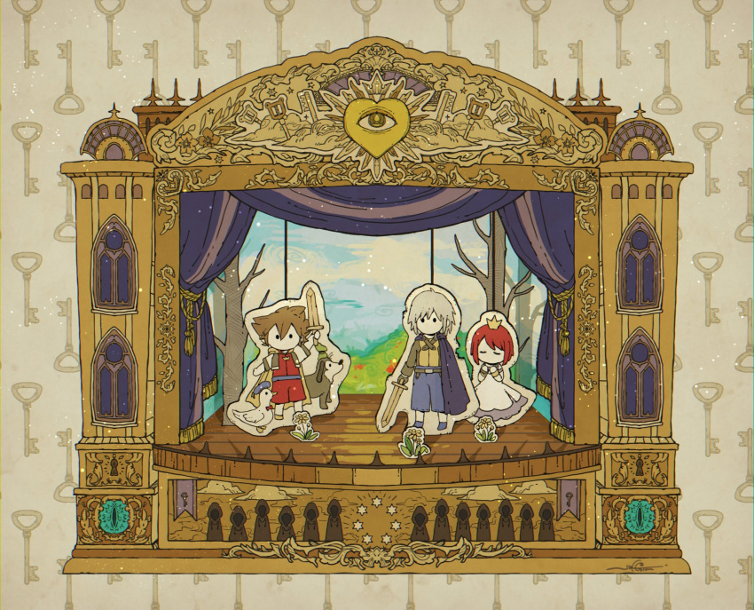 1girl, 2boys, adapted_costume, animalization, aster0014, bird, black_coat_(kingdom_hearts), brown_hair