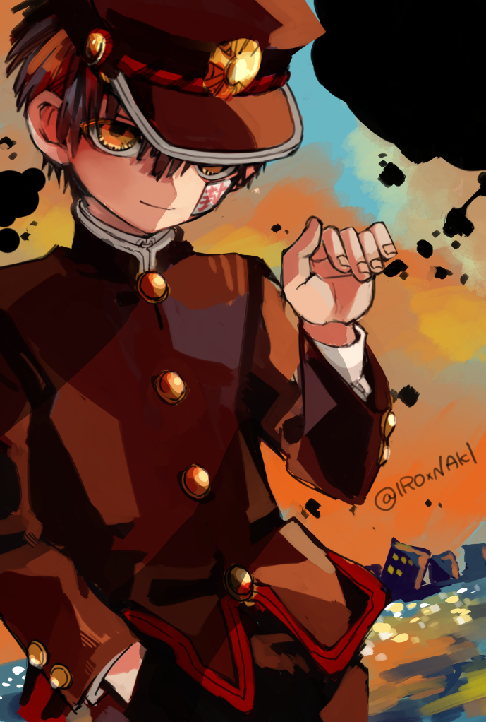 1boy, beckoning, black_hair, black_headwear, brown_eyes, commentary_request, gakuran, ghost