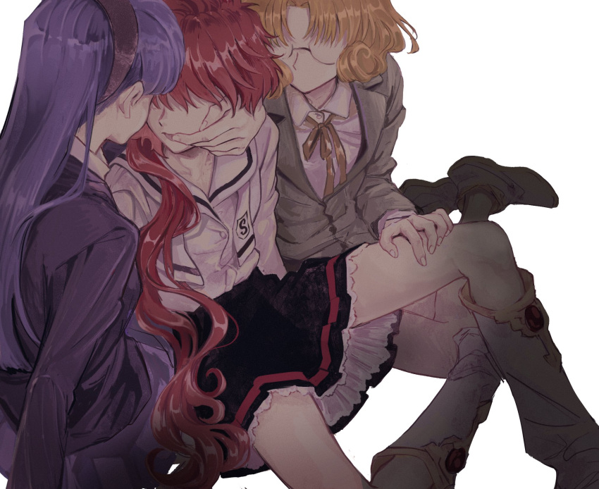 3girls, blonde_hair, blue_hair, frilled_skirt, frills, glasses, hairband, hand_on_another's_thigh