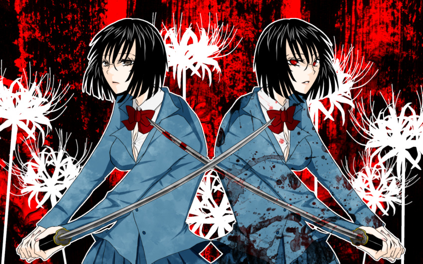 black_hair, breasts, brown_eyes, dual_persona, dual_personal, durarara!!, flower, glasses
