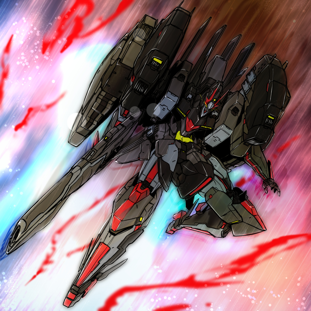 green_eyes, gun, holding, holding_gun, holding_weapon, mecha, motion_blur, no_humans, open_hand, science_fiction, solo, space, super_robot_wars, super_robot_wars_v, v-fin, vangnex, weapon, yuzupapa