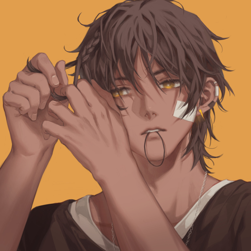 1boy, adjusting_hair, arknights, bandaid, bandaid_on_cheek, bandaid_on_face, bangs, black_hair