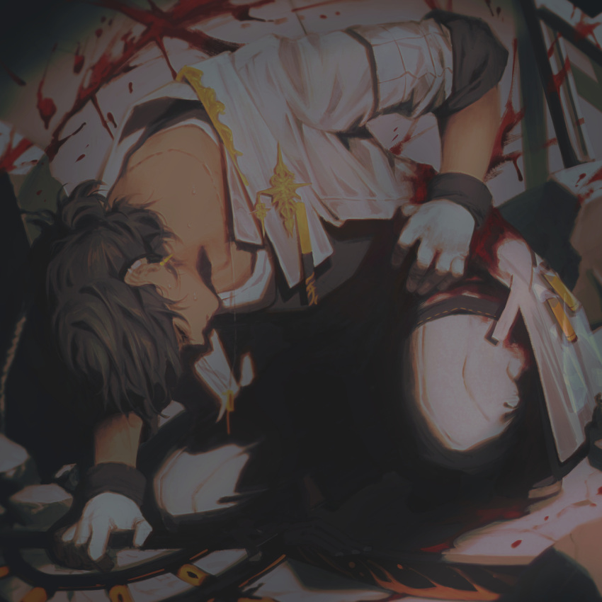 1boy, arknights, bangs, black_hair, blood, blood_on_clothes, closed_eyes, collapsed
