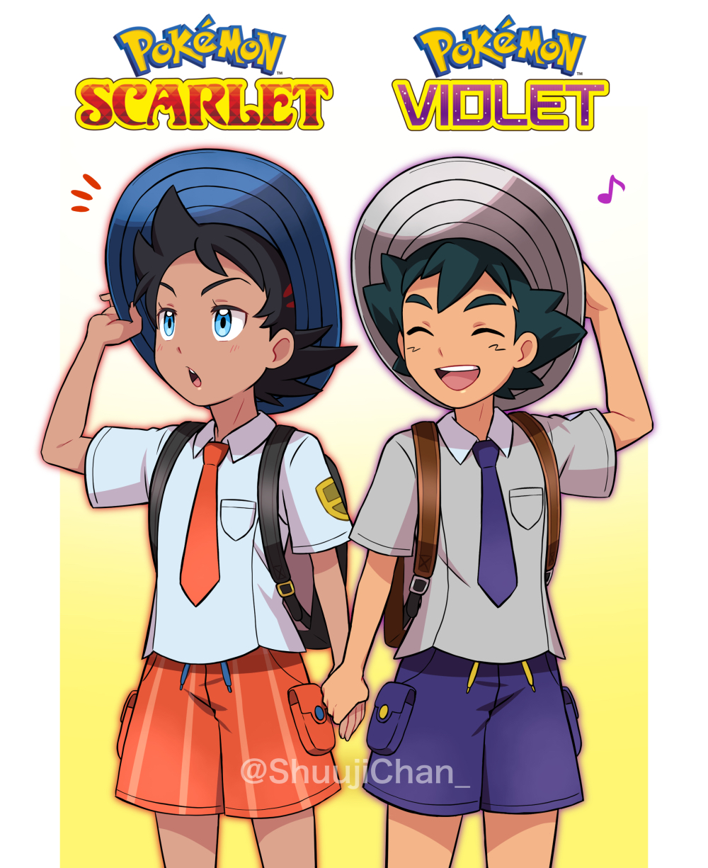 2boys, :d, ash_ketchum, backpack, bag, bangs, black_bag, black_hair, blue_eyes, blue_headwear, closed_eyes, collared_shirt, commentary_request, copyright_name, cosplay, eyelashes, goh_(pokemon), grey_headwear, hand_on_headwear, hat, highres, holding_hands, male_focus, male_protagonist_(pokemon_sv), male_protagonist_(pokemon_sv)_(cosplay), multiple_boys, necktie, notice_lines, open_mouth, orange_necktie, orange_shorts, pokemon, pokemon_(anime), pokemon_(game), pokemon_sv, pokemon_swsh_(anime), purple_necktie, purple_shorts, sara_bonetti, shirt, short_hair, short_sleeves, shorts, smile, teeth, tongue, upper_teeth, watermark