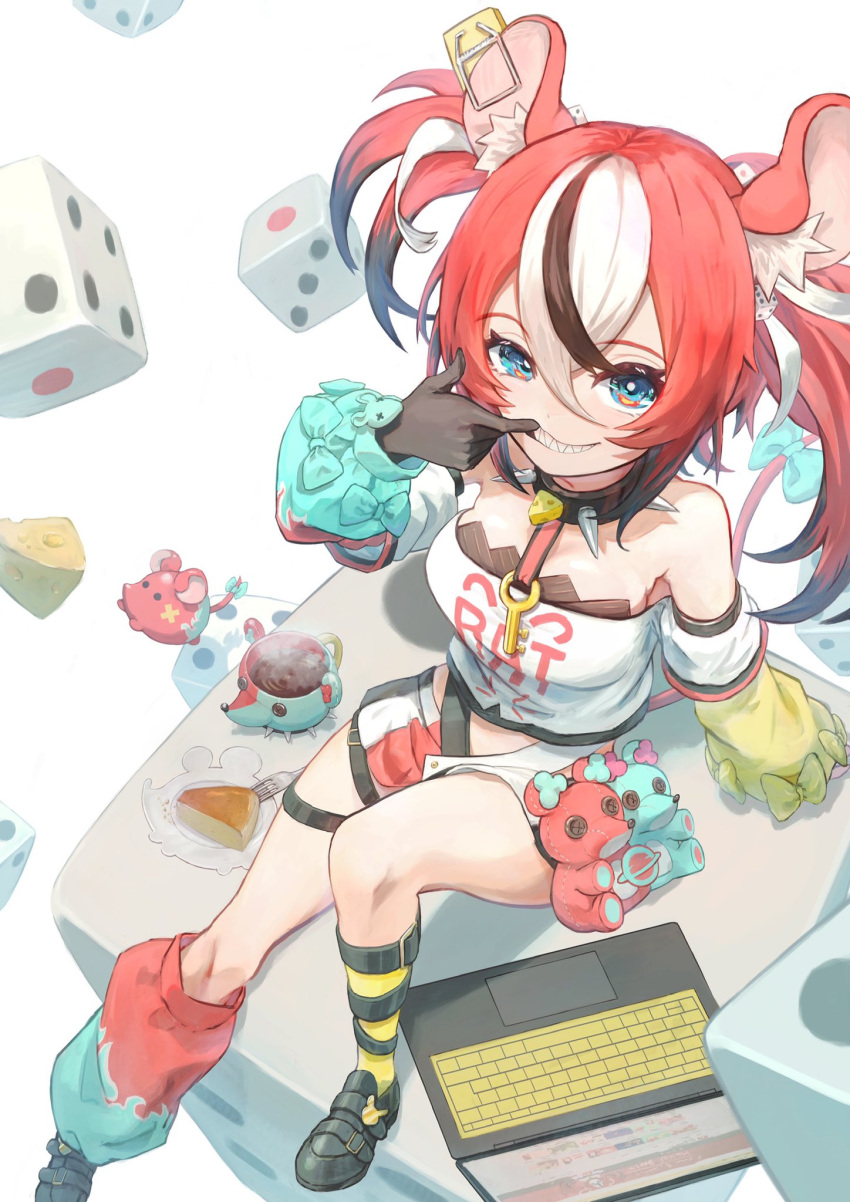 1girl, animal_ears, ankle_strap, asymmetrical_sleeves, belt_buckle, black_gloves, blue_bow, blue_eyes, bow, breasts, buckle, buttons, cheese, choker, clothes_writing, computer, crop_top, cross_bangs, cup, detached_sleeves, dice, dice_hair_ornament, dot_nose, dyed_bangs, english_text, eyelashes, food, fork, gloves, hair_ornament, hair_tie, hakos_baelz, highres, hololive, hololive_english, jewelry, key, keyboard_(computer), large_breasts, leg_warmers, leg_warmers_past_ankles, loafers, microskirt, mouse_ears, mouse_tail, mousetrap, mouth_pull, mr._squeaks_(hakos_baelz), multicolored_clothes, multicolored_hair, multicolored_skirt, multiple_straps, pendant, pendant_choker, plate, redhead, sharp_teeth, shin_strap, shirt, shoe_strap, shoes, sidelocks, single_glove, single_leg_warmer, single_sock, sitting, sitting_on_object, skirt, socks, solo, spiked_choker, spikes, strapless, stuffed_animal, stuffed_toy, swiss_cheese, tail, tail_bow, tail_ornament, tea, teacup, teeth, thigh_strap, tokaki, tube_top, twintails, unkempt, white_background, white_shirt, yellow_legwear