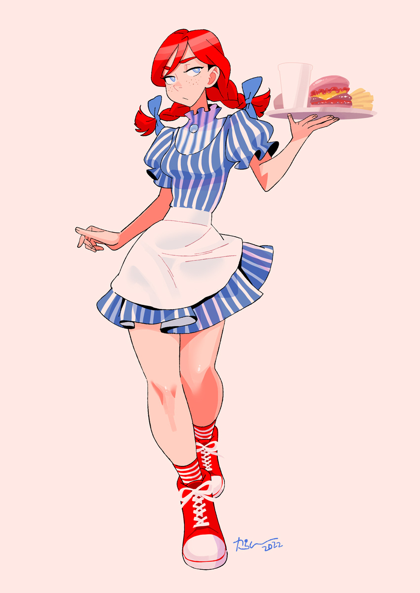 1girl, bangs, blue_eyes, bow, braid, burger, callan_(callancoe), cup, disposable_cup, dress, food, freckles, french_fries, full_body, hair_bow, highres, holding, long_hair, looking_at_viewer, pink_background, puffy_sleeves, redhead, simple_background, solo, striped, striped_dress, striped_legwear, tray, twin_braids, twintails, vertical_stripes, wendy's, wendy_(wendy's)