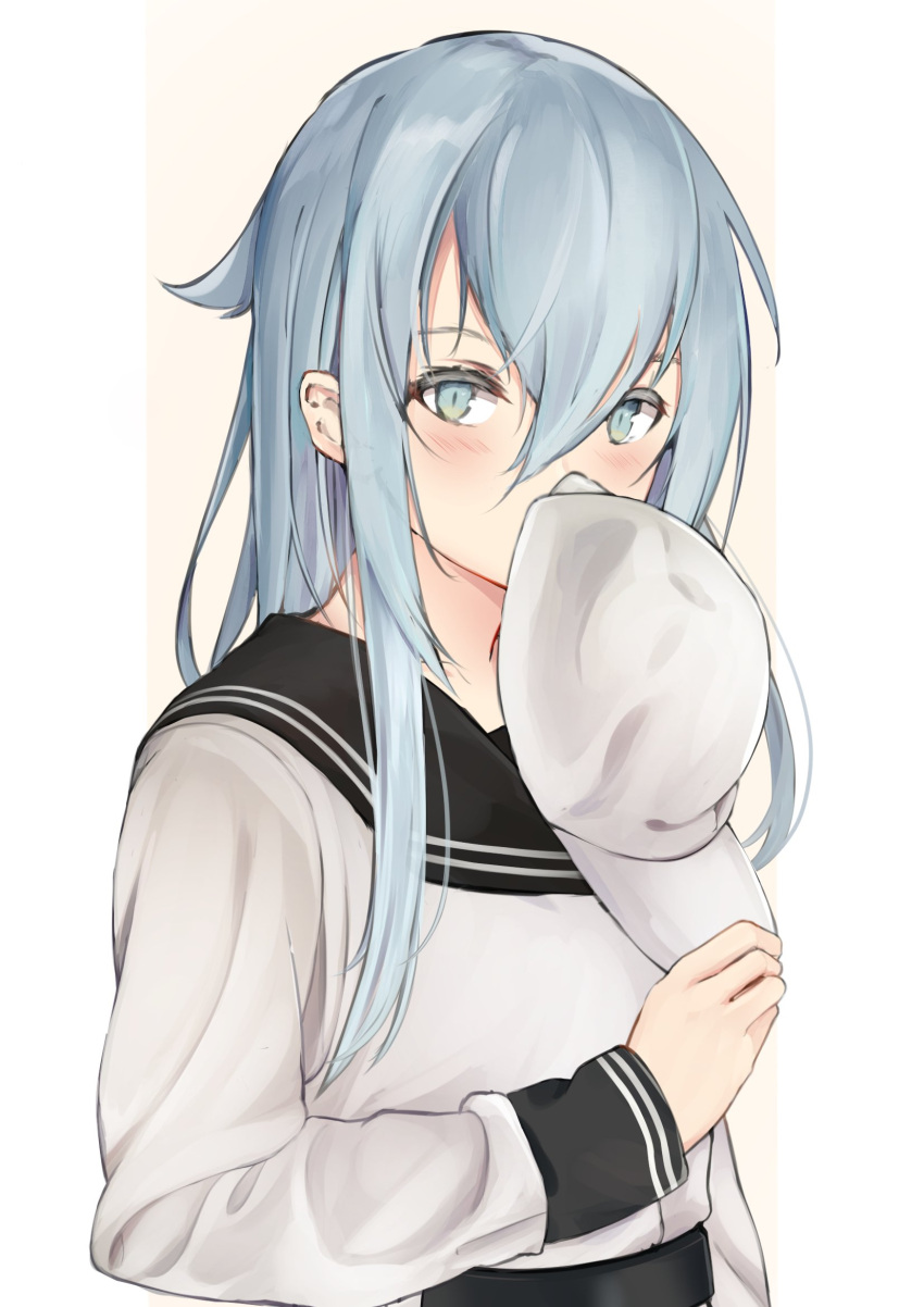 1girl, bangs, blush, covering_mouth, flat_cap, hair_between_eyes, hat, hibiki_(kancolle)
