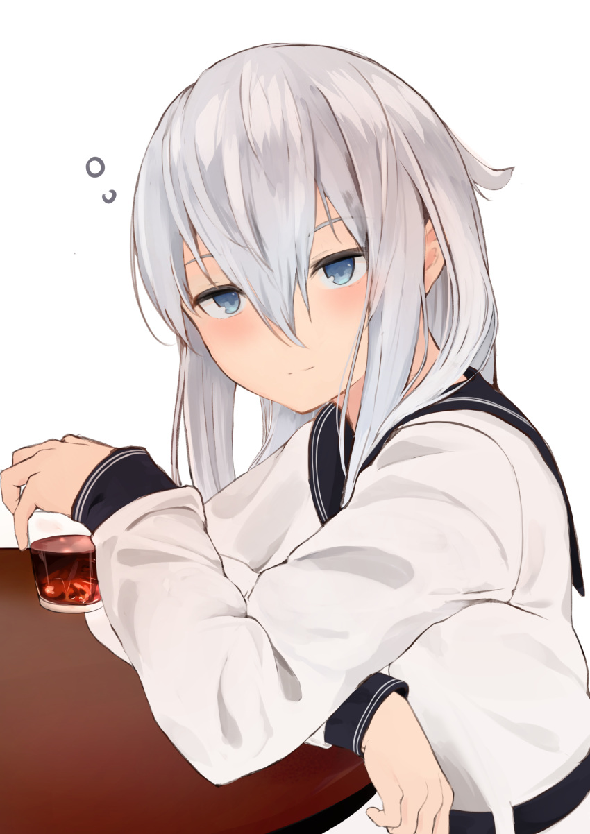 1girl, absurdres, alcohol, bangs, black_sailor_collar, blue_eyes, blush, closed_mouth