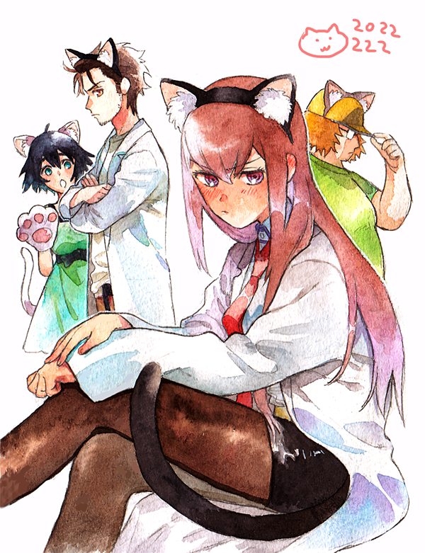 >:(, 2boys, 2girls, animal_ears, baseball_cap, belt, black_hair, black_legwear