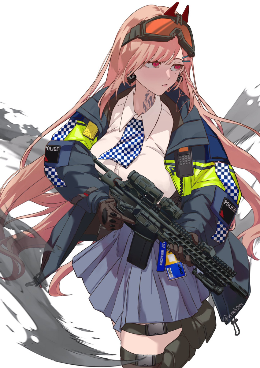 1girl, assault_rifle, bangs, black_legwear, blue_jacket, blue_skirt, breasts, brown_gloves