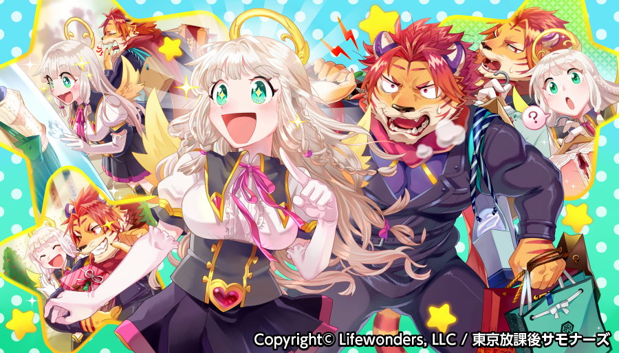 +_+, 1boy, 1girl, ?, angel, animal_ears, bag, blue_background