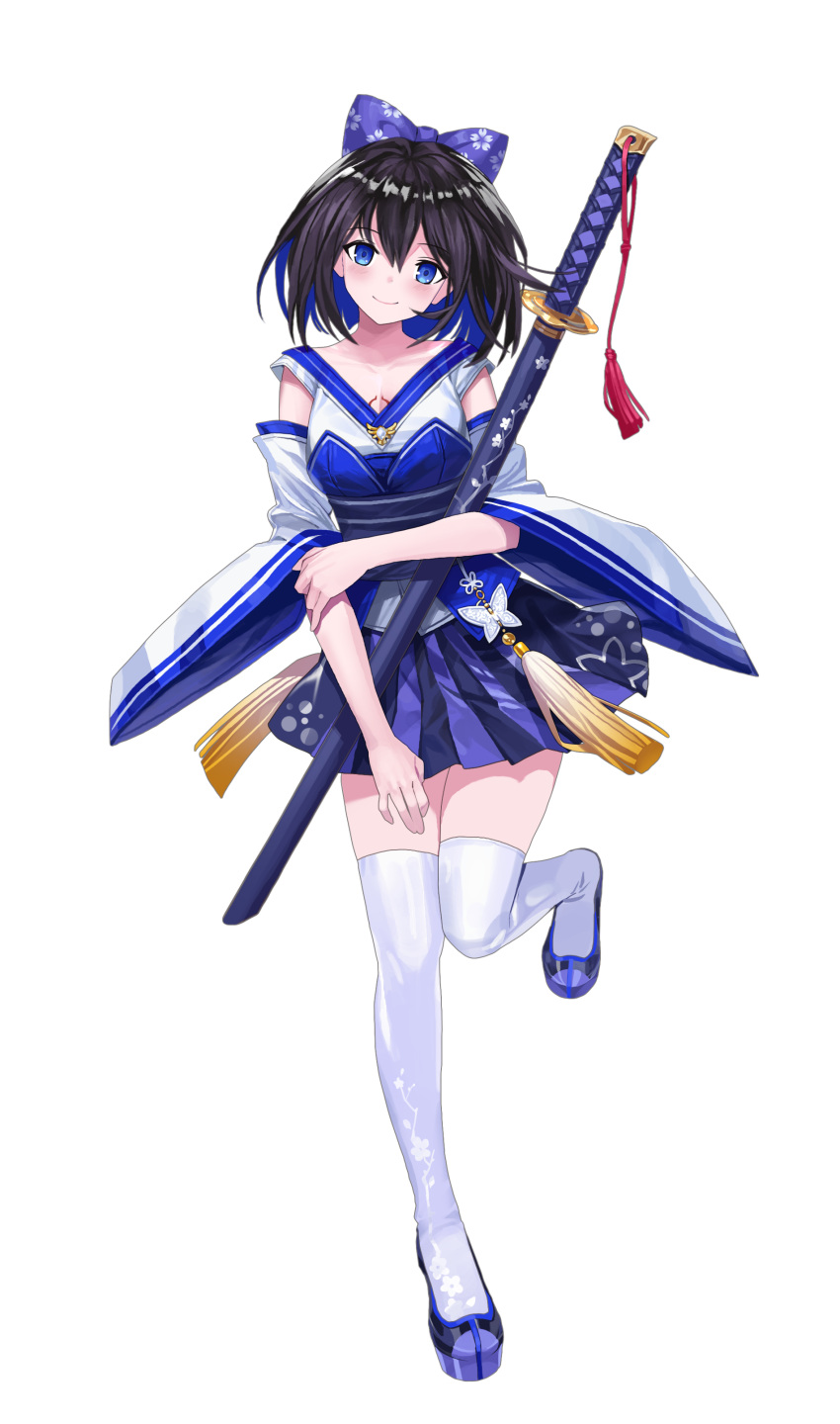 1girl, absurdres, bangs, bare_shoulders, blue_eyes, blue_footwear, blue_hair, bow, closed_mouth, full_body, hair_bow, highres, holding, holding_sword, holding_weapon, honkai_(series), honkai_impact_3rd, japanese_clothes, jus_(user_zvzz7288), katana, looking_at_viewer, seele_vollerei, sheath, sheathed, simple_background, smile, solo, sword, tattoo, thigh-highs, weapon, white_background, white_legwear