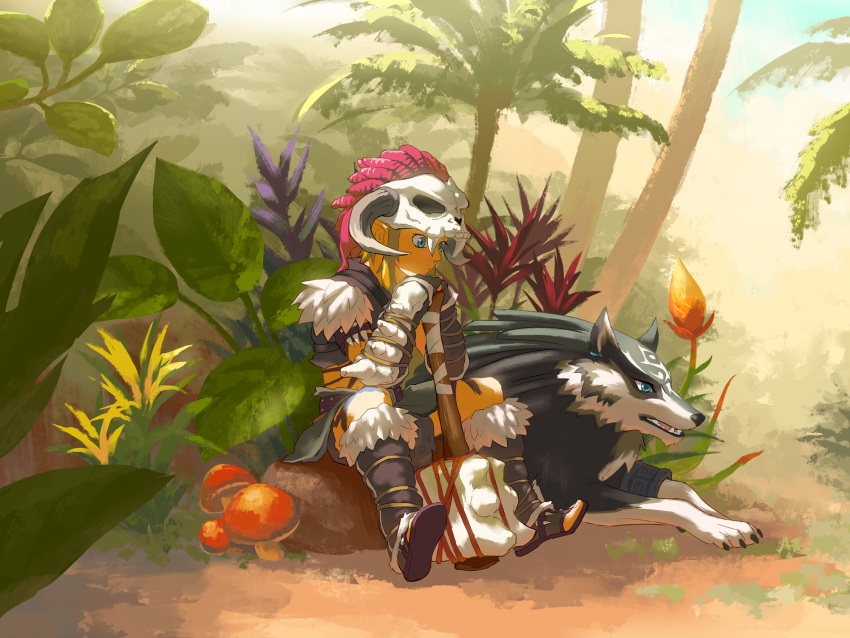 1boy, animal_skull, arm_guards, barbarian_set_(zelda), club_(weapon), fake_horns, fur_trim, headdress