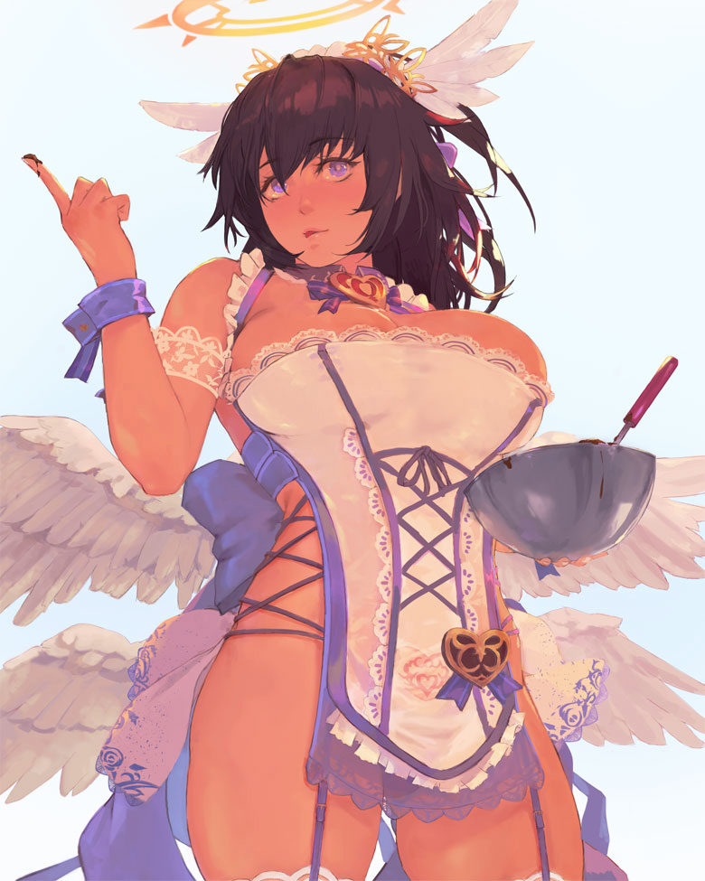 1girl, bare_shoulders, blue_background, blue_bow, bow, bowl, breasts, bright_pupils