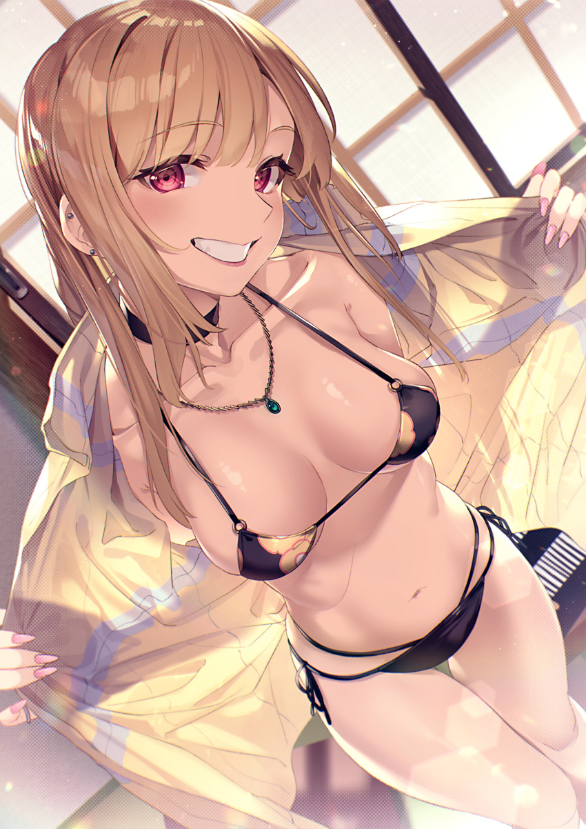 1girl, absurdres, bangs, barbell_piercing, bikini, black_bikini, black_choker, blonde_hair