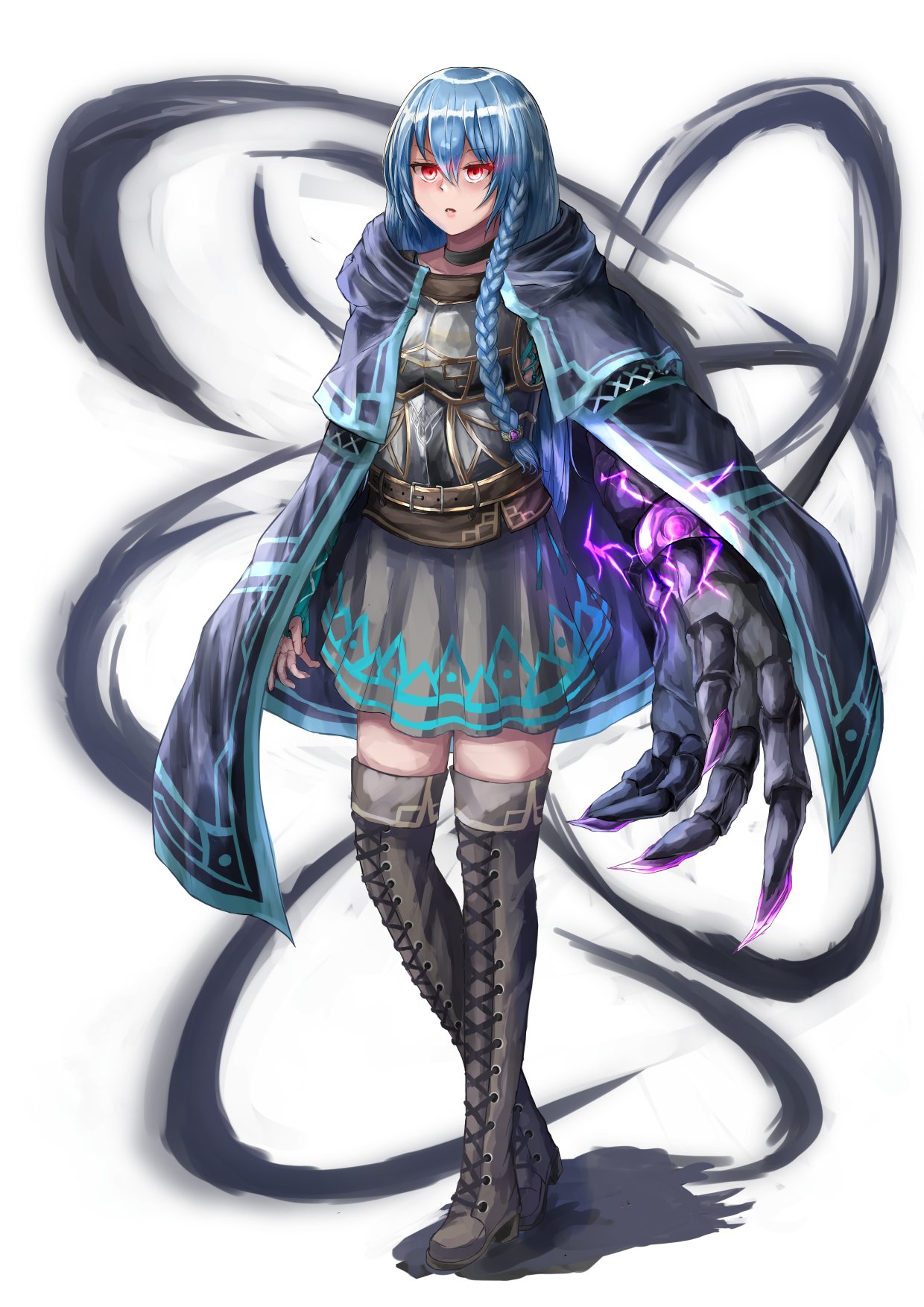 1girl, blue_cloak, blue_hair, blue_skirt, boots, braid, brown_footwear, cloak, cross-laced_footwear, demon_girl, dress, fantasy, hair_between_eyes, highres, lace-up_boots, long_hair, muzuspark, original, red_eyes, shadow, skirt, standing, tagme