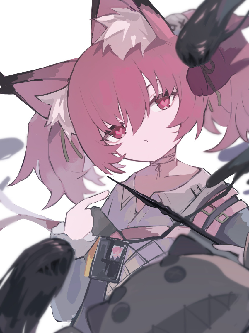 1girl, absurdres, animal_ear_fluff, animal_ears, arknights, fox_ears, hair_between_eyes, hair_ornament, head_tilt, heart, heart-shaped_pupils, highres, id_card, looking_at_viewer, medium_hair, nacoty, pink_eyes, pink_hair, pointing, pointing_at_self, shamare_(arknights), shirt, skull_hair_ornament, solo, symbol-shaped_pupils, twintails, white_background, white_shirt