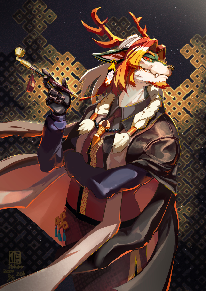 1boy, absurdres, antlers, arknights, furry, furry_male, highres, itohiro03, orange_eyes, pipe, solo, wei_yenwu_(arknights)