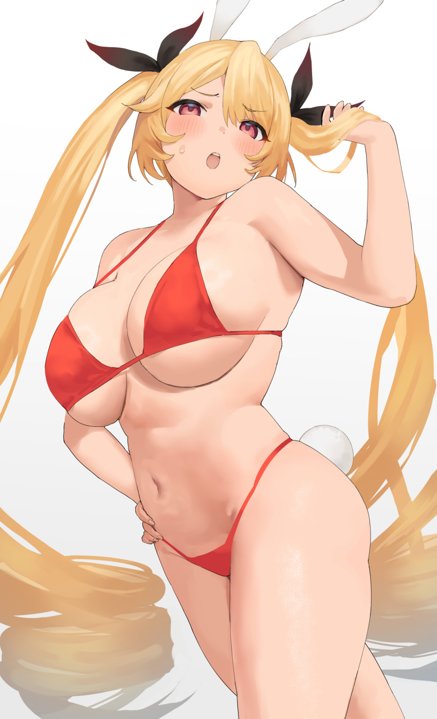 1girl, animal_ears, azur_lane, bikini, blonde_hair, blush, breasts, cowboy_shot