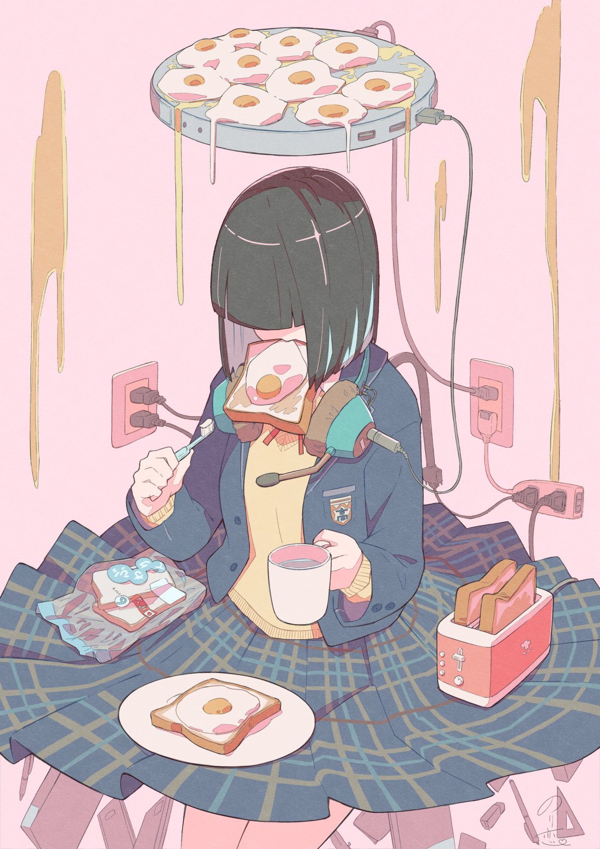 1girl, bag, black_hair, blunt_bangs, book, bread_slice, commentary_request, cup