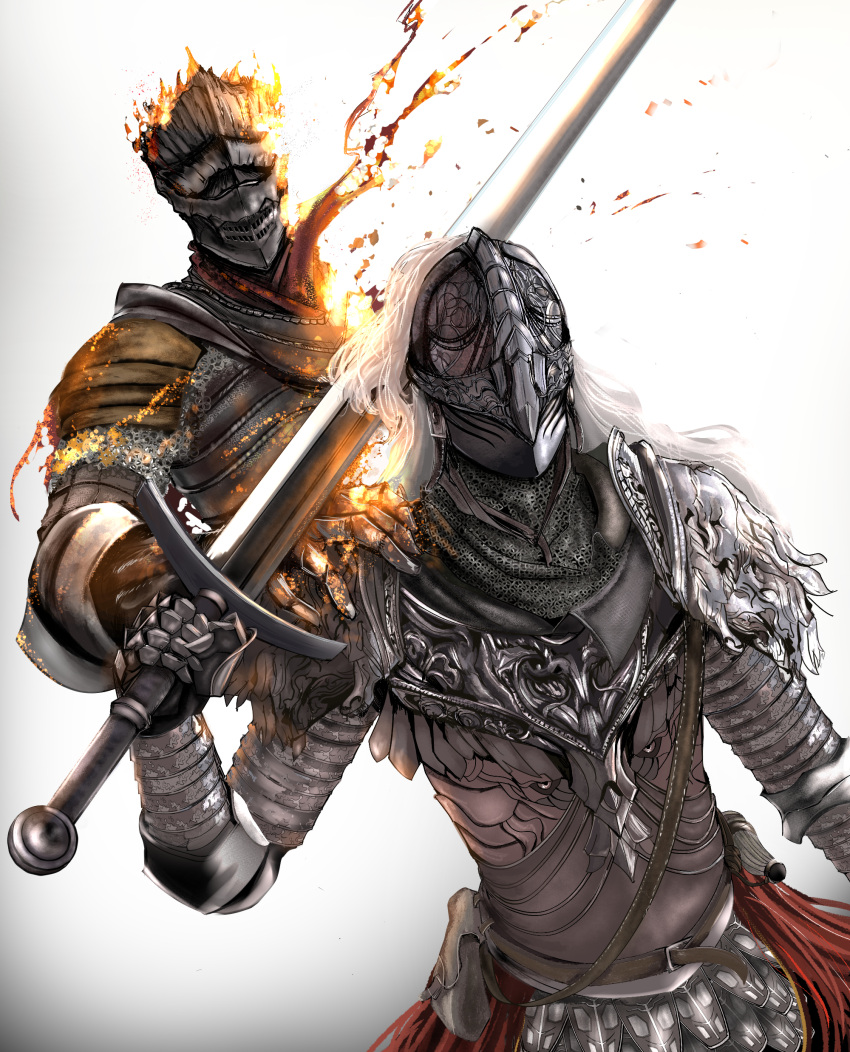 absurdres, ambiguous_gender, armor, ashen_one_(dark_souls_3), cape, cloak, covered_eyes, dark_souls_(series), dark_souls_iii, elden_ring, full_armor, gauntlets, helmet, highres, holding, holding_sword, holding_weapon, kageisland_9lov, knight, long_hair, mask, pauldrons, shield, shoulder_armor, sword, tarnished_(elden_ring), weapon, white_hair